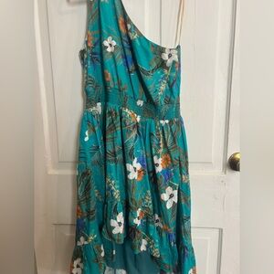 SLATE & WILLOW Floral Smocked Waist Hi Lo One Shoulder Dress Green Size 12